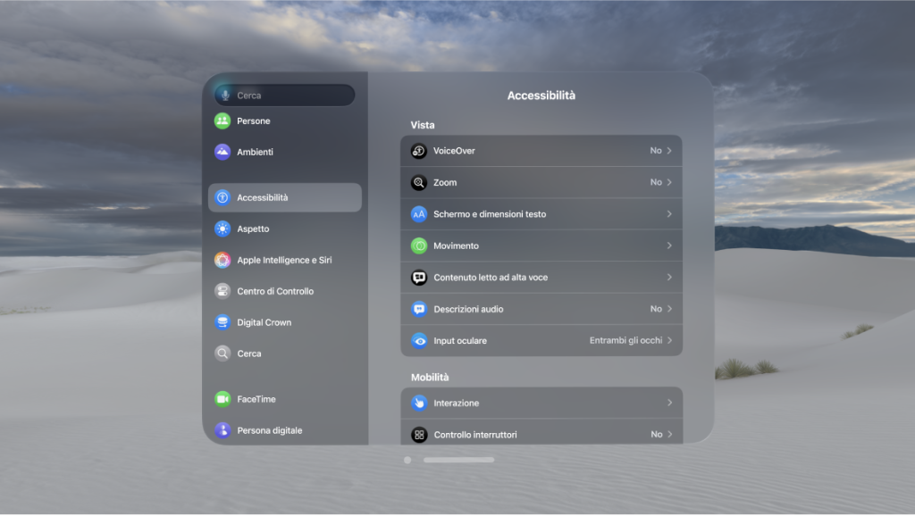 Apple Vision Pro: schermata funzioni accessibilità